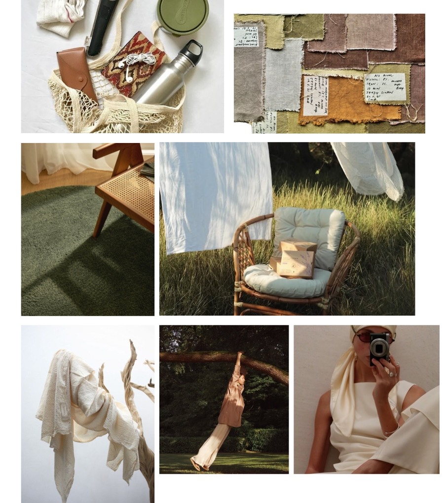 Moodboard collage of natural fabrics, fashion imagery, and studio details
